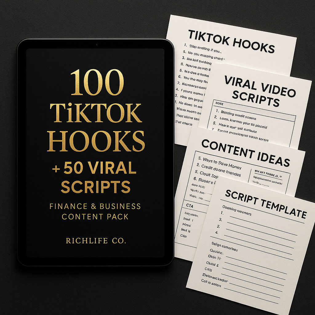 100 TikTok Hooks + 50 Viral Scripts — Finance & Business Content Pack (RichLife Co.)